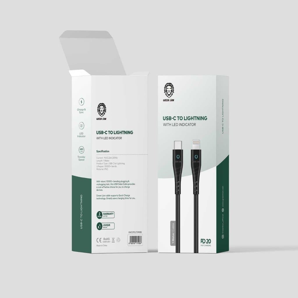 Green Lion PVC USB-C to Lightning Cable with LED Indicator 1M PD 20W - Black