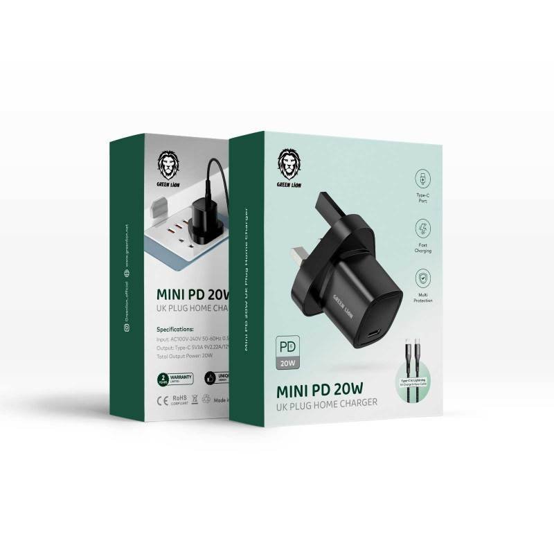 Green Lion Mini PD 20W Charger (UK Plug) With USB-C to C Cable