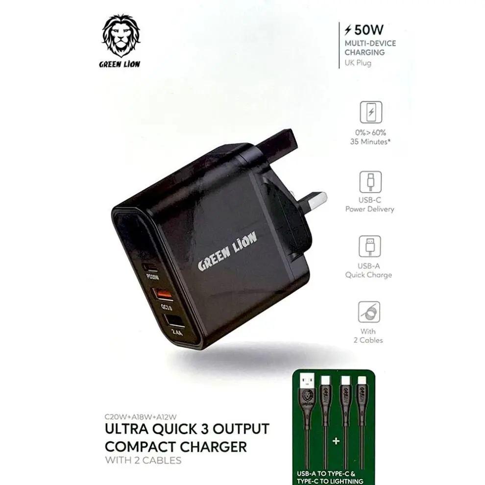 Green Lion Ultra Quick 3 Output Compact Charger 50W 2 cables included